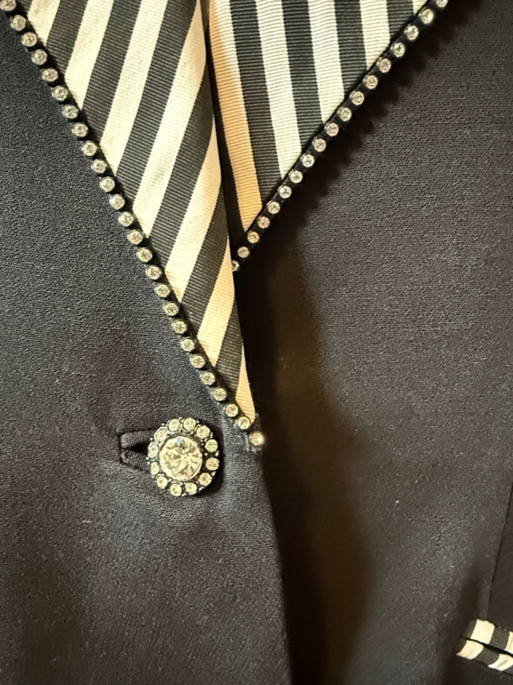 Criscione Vintage Cache 80s 90s Black Blazer Striped Contrast Lapel Rhinestone M - Picture 7 of 17